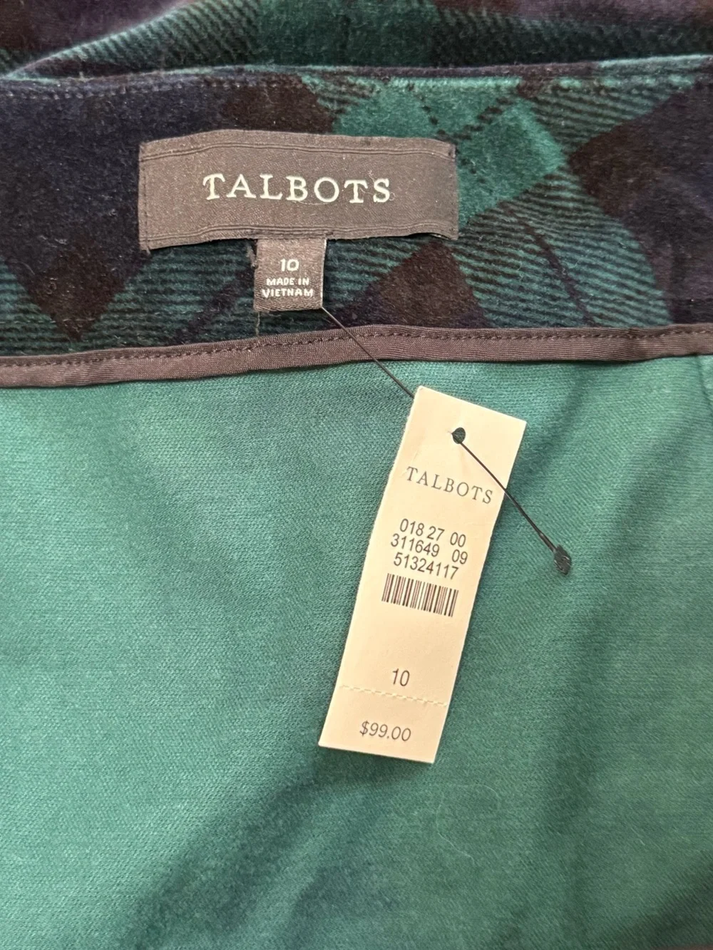 NWT Talbots Tartan Green and Navy Plaid Velvet Mini Skirt Cotton Stretch Size 10